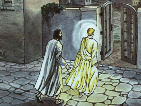 Sie passierten die erste und zweite Wache und kamen zum Eisentor, das zur Stadt führte. Es öffnete sich für sie von selbst und sie gingen hindurch. – Folie 12