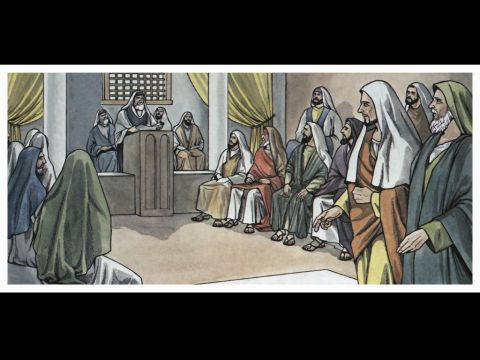 Von Perge aus reisten sie weiter nach Antiochia in Pisidien. Am Sabbat gingen sie in die Synagoge und setzten sich.<br/>Nach der Lesung aus dem Gesetz und den Propheten schickten die Synagogenvorsteher eine Nachricht an sie: „Brüder, wenn ihr ein Wort der Ermahnung für das Volk habt, dann sprecht bitte.“ – Folie 4