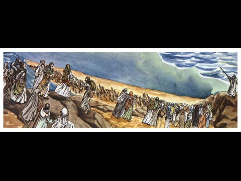 „Der Gott des Volkes Israel hat unsere Vorfahren erwählt. Er hat das Volk groß gemacht während ihres Aufenthalts in Ägypten, und führte sie mit mächtiger Macht aus diesem Land heraus. Etwa vierzig Jahre lang ertrug er ihr Verhalten in der Wüste. Gott stürzte in Kanaan sieben Nationen und gab ihr Land seinem Volk als Erbe. Das alles hat etwa 450 Jahre gedauert.“ – Folie 6