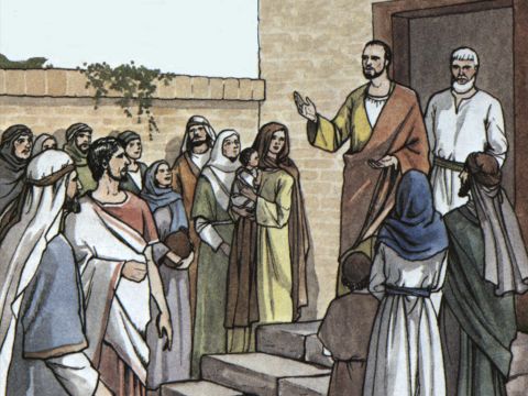 Als die Versammlung sich aufgelöst hatte, folgten viele der Juden und frommen Proselyten Paulus und Barnabas, die mit ihnen sprachen und sie drängten, in der Gnade Gottes zu bleiben. – Folie 18