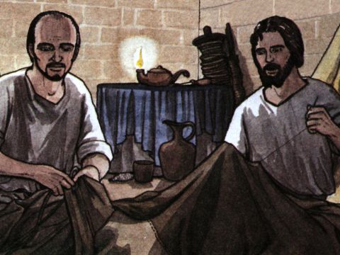 Paulus und Silas waren in Thessalonich nicht untätig. Sie arbeiteten, um Geld für ihren Lebensunterhalt zu verdienen, damit sie den neuen Christen nicht zur Last fielen (2. Thessalonicher 3,7-10). – Folie 5