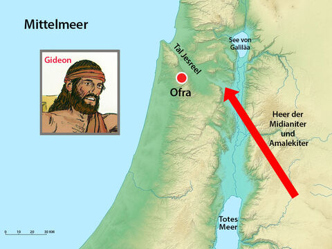 Kurz darauf taten sich die Heere Midians, Amaleks und des Volkes aus dem Osten zusammen gegen Israel, überquerten den Jordan und lagerten sich im Tal Jesreel. – Folie 12