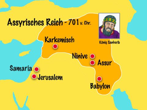 Zehn Jahre später kehrten die Assyrer zurück, um das Königreich Juda, das von König Hiskia regiert wurde, einzunehmen. Eine Stadt nach der anderen wurde von dem mächtigen assyrischen Heer eingenommen. – Folie 9