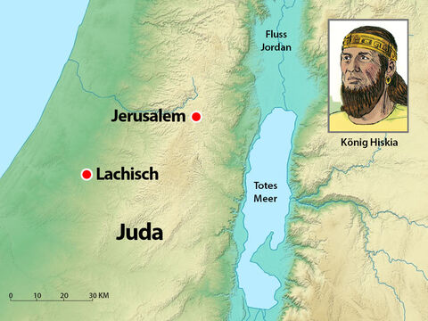 Die Assyrer belagerten die Stadt Lachisch. König Hiskia wusste, dass Jerusalem das nächste Zeil seines mächtigen Heeres sein würde. Er reparierte die Stadtmauern und machte sich für den Kampf bereit. Dann sandte er eine Nachricht an die Assyrer: “Ich habe Unrecht getan, dass ich mich mit den Ägyptern verbündet habe. Ich werde zahlen, was immer du an Abgaben forderst.” – Folie 10