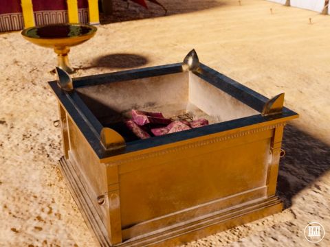 Der bronzene Altar war der Ort, an dem das Volk seine Opfergaben Gott darbrachte, der Ort, an dem die Sünden gesühnt wurden, und der Ort, an dem die Teile der Opfer, die Gott gehörten, durch Feuer verzehrt wurden. – Folie 7