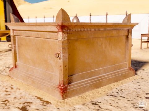 Nur durch Blutopfer konnte Sünde gesühnt werden. Der bronzene Altar, stets in Flammen und blutüberströmt, stand immer offen, um die Schuld jedes Hebräers auf sich zu nehmen, der Gott nahen wollte. Beim Sündopfer wurde das Blut des geopferten Tieres auf die Hörner des Altars gegossen. – Folie 8