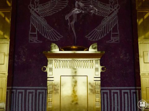 Der Altar bestand aus Akazienholz, das mit Gold überzogen war. Jeden Morgen und Abend wurde darauf eine Mischung aus Räucherwerk (Stakte, Balsam, Galbanum und Weihrauch) verbrannt. – Folie 4