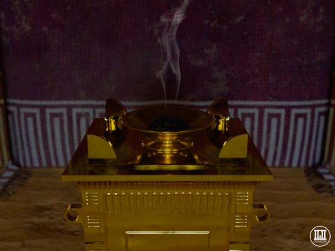 Der vom Räucheraltar aufsteigende Rauch symbolisierte das Gebet und versicherte den Menschen, dass ihre Gebete dem Herrn wohlriechend erschienen. Einmal im Jahr musste für den Altar Sühne geleistet werden (2. Mose 30,10). – Folie 5