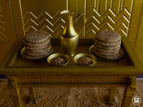 Wenn ein Priester das Heilige betrat, stand links der Schaubrottisch. Der Tisch war aus Akazienholz gefertigt und mit Gold überzogen, mit einem Goldrand um den Rand. – Folie 6