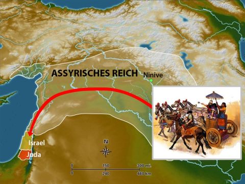 Gott warnte Israel durch viele Propheten, dass, wenn sie nicht zu ihm umkehrten, er zulassen würde, dass sie gefangen und als Sklaven genommen würden. Als Menahem regierte, führte Tiglat-Pileser aus Assyrien ein großes Heer gegen Israel. – Folie 4