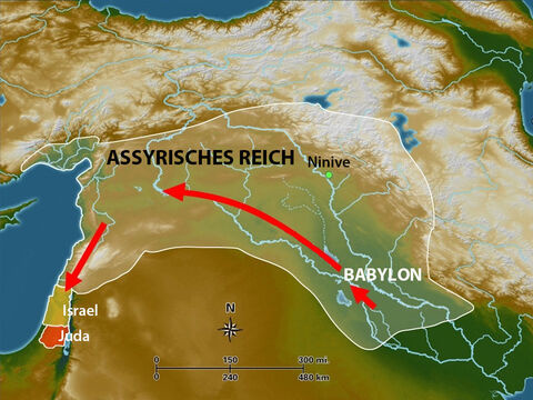 Der König von Assyrien zwang Menschen aus Babylon, Elam und Syrien nach Israel zu ziehen und dort in den Städten und Dörfern zu leben, die vorher die Heimat der Israeliten waren. – Folie 13