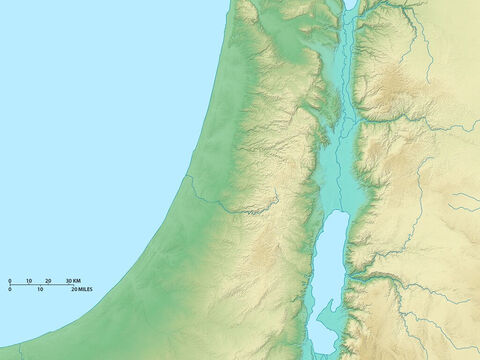 Karte von Israel mit dem See Genezareth im Norden und dem nördlichen Gebiet des Toten Meeres im Süden. Mittelmeer im Westen. – Folie 2