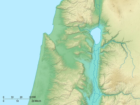 Karte der nördlichen Gebiete Israels mit dem See Genezareth, dem nördlichen Jordantal und dem Jesreeltal, das nach Westen bis zur Küste verläuft. Die Ebene von Scharon liegt im Westen. – Folie 7