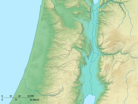 Karte der zentralen Gebiete Israels mit dem Jordantal, den zentralen Bergen und der Küstenebene. – Folie 8