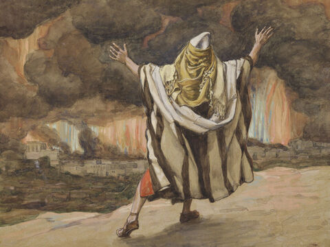 Abraham sieht Sodom in Flammen.<br/>(Ausschnitt)<br/>James Tissot (1836-1902) – The Jewish Museum, New York. – Folie 8