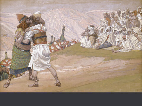 Treffen von Esau und Jakob.<br/>(ganzes Bild)<br/>James Tissot (1836-1902) – The Jewish Museum, New York. – Folie 17