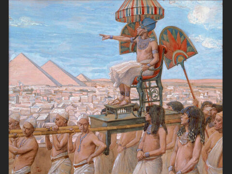 Pharao bemerkt die Bedeutung des jüdischen Volkes.<br/>(ganzes Bild)<br/>James Tissot (1836-1902) – The Jewish Museum, New York. – Folie 1