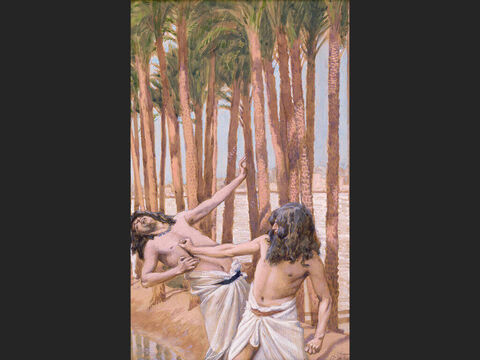 Mose erschlägt einen Ägypter.<br/>(ganzes Bild)<br/>James Tissot (1836-1902) – The Jewish Museum, New York. – Folie 9