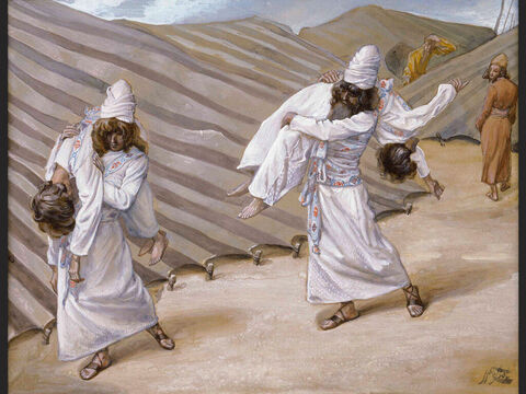 Die Leichname werden weggetragen.<br/>(ganzes Bild)<br/>James Tissot (1836-1902) – The Jewish Museum, New York. – Folie 3