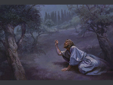 Jesus in Gethsemane.<br/>Und er ging ein wenig weiter, fiel nieder auf die Erde und betete, dass, wenn es möglich wäre, die Stunde an ihm vorüberginge, und sprach: Abba, Vater, alles ist dir möglich; nimm diesen Kelch von mir; doch nicht, was ich will, sondern was du willst!<br/>Markus 14,35–36<br/>Ganzer Text: Markus 14,32–42 – Folie 3