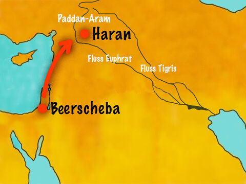 So begab sich Jakob auf die lange Reise in Richtung Norden nach Haran, wo Laban mit seiner Familie lebte. – Folie 2