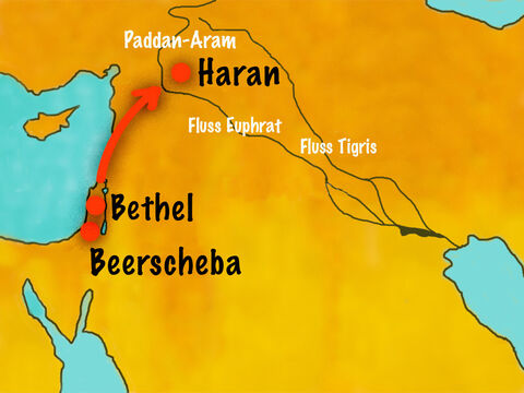 Jakob floh vor seinem Bruder Esau und war auf dem Weg nach Haran zu Laban, dem Bruder seiner Mutter. Er hoffte auch, dort eine Frau zu finden. In Bethel hatte Gott ihm im Traum versprochen, dass er mit ihm sei und dass jeder durch ihn und durch seine Nachkommen gesegnet werden würde. – Folie 1