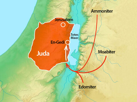 Die Ammoniter, Moabiter und Edomiter hatten ihre Kräfte vereint und waren bereits in En-Gedi, südlich von Jerusalem. – Folie 2