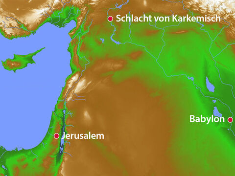 Als Jojakim 3 Jahre König war, hörte er die Neuigkeiten, dass die Ägypter von den Babyloniern in der Schlacht bei Karkemisch im Jahr 605 v.Chr. besiegt worden waren. – Folie 10