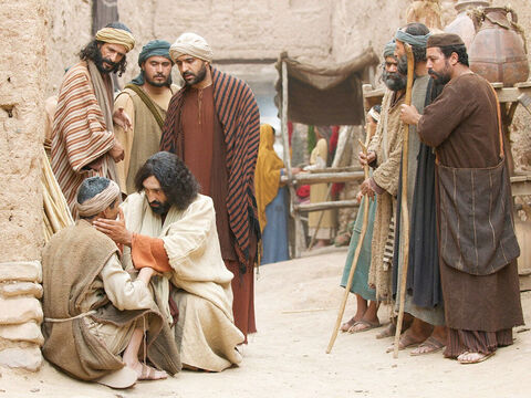 Und seine Jünger fragten ihn und sagten: „Rabbi, wer hat gesündigt, dieser oder seine Eltern, dass er blind geboren wurde?” Jesus antwortete: „Seine Blindheit kommt weder von seiner Sünde noch von der seiner Eltern.” – Folie 2