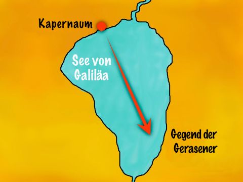 Ihr Ziel war die Gegend der Gerasener, die am Ufer des Sees lag, gegenüber dem Ort, wo sie lebten. Es war eine Gegend, wo viele Griechen, Römer, Araber und auch Juden lebten. – Folie 2