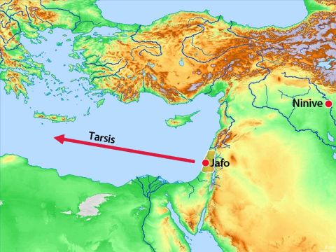 Das Schiff fuhr über das Mittelmeer bis nach Tarsis – das war der entfernteste Ort, der in der entgegengesetzten Richtung von Ninive lag. – Folie 5