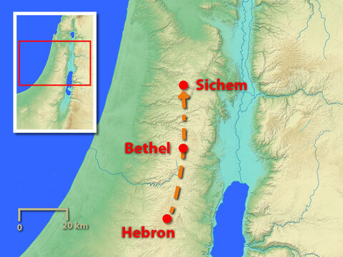 So machte sich Josef auf den Weg von Hebron nach Sichem, um seine Brüder zu finden. Aber als er dort hinkam, konnte er sie nicht finden. – Folie 3