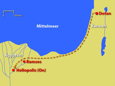 Josef wurde ein Gefangener der Ismaeliten und begann seine lange Reise nach Ägypten, um dort als Sklave verkauft zu werden. – Folie 14