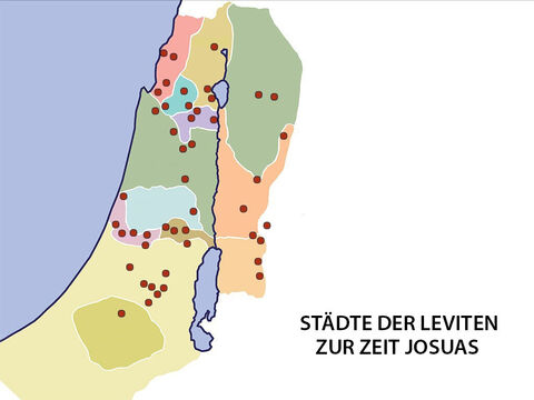 So wurden den Leviten Städte gegeben, die im ganzen verheißenen Land verteilt waren, wo sie leben konnten und wo sie Weiden für ihre Tiere hatten. – Folie 7