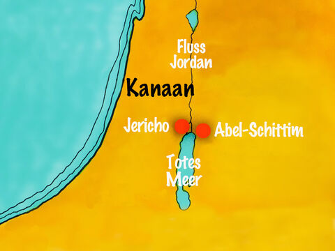 (Josua 1) Nachdem Mose gestorben war, lagerten Josua und das Volk bei Abel-Schittim am Ostufer des Flusses Jordan. – Folie 2