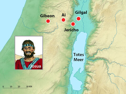 Josua und die Israeliten hatten Jericho und Ai besiegt. Die Gibeoniter in der Nähe hatten Josua betrogen, so dass er glaubte, sie kämen von einem weit entfernten Land, und sie hatten einen Bund mit ihm geschlossen. Nun waren sie Holzfäller und Wasserträger für die Israeliten. – Folie 1