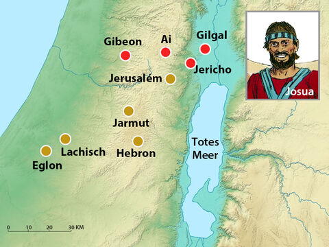 Adoni-Zedek, der König von Jerusalem, sandte Boten zu einigen anderen Königen: zu Hoham, dem König von Hebron, und zu Piram, dem König von Jarmut, und zu Jafia, dem König von Lachisch, und zu Debir, dem König von Eglon. Sie verabredeten sich, ihre Heere zu vereinen und Gibeon anzugreifen. – Folie 3