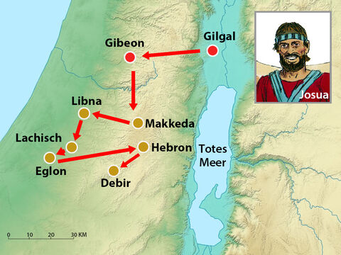 Die Israeliten zogen weiter, um die Stadt Libna einzunehmen, danach Eglon, Hebron und Debir. Anschließend kehrten sie siegreich nach Gilgal zurück. – Folie 15