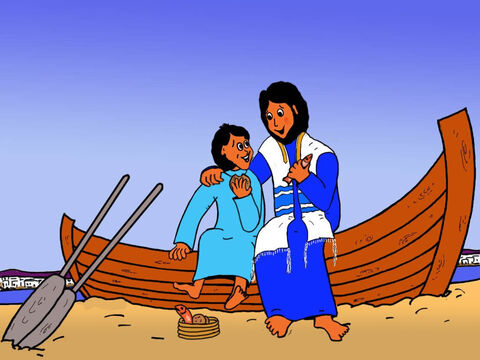 Jesus und der Junge aßen auch Brot und Fisch. Der Junge war so glücklich, bei Jesus zu sein und zu wissen, dass Jesus sein Essen gesegnet hatte. – Folie 28