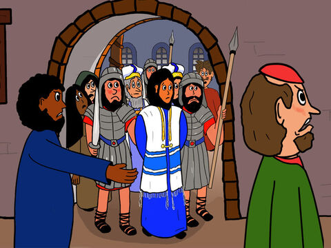 Nun beschlossen die Priester und jüdischen Führer, dass Jesus vom Hohen Rat – dem Sanhedrin – verurteilt werden sollte – einer Gruppe von 70 Juden, die für das Verständnis und die Auslegung der Gesetze Gottes verantwortlich waren. Dies alles geschah zu einer Zeit, als der Kaiser von Rom und seine Soldaten über alles andere in Israel herrschten. – Folie 1