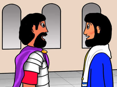 Pilatus führte Jesus hinein und fragte ihn, ob er der König der Juden sei. Jesus antwortete: „Mein Königreich ist nicht von dieser Welt.“ – Folie 6