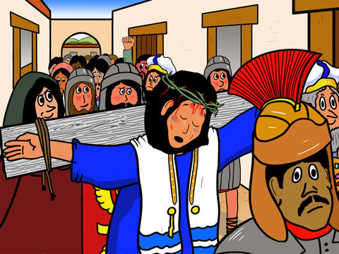 Dann zogen sie Jesus das Gewand aus und seine Kleider an. Dann führten sie ihn durch Jerusalem nach Golgatha – einem Ort, an dem sie Menschen kreuzigten. Jesus musste den Querbalken zum Kreuz tragen. Einige waren sehr glücklich und andere sehr traurig darüber, dass Jesus gekreuzigt werden sollte und sterben würde. – Folie 17