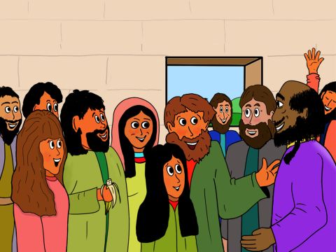 Barnabas nahm Paulus mit zu den anderen Jüngern nach Jerusalem. Alle waren sehr froh, dass Paulus nun an Jesus glaubte. – Folie 5