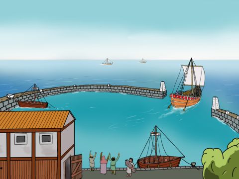 Also reisten Barnabas und Paulus zum nahgelegenen Hafen Seleukia und segelten auf einem Schiff zur Insel Zypern. (Der Hafen von Seleukia hatte zwei Hafenmolen, die heute noch existieren und jetzt Barnabas und Paulus heißen). Die Reise nach Zypern dauerte zwei Tage. – Folie 7