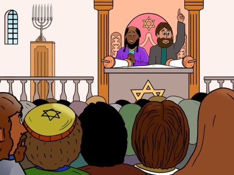 Als sie die Ostseite Zyperns erreichten, gingen sie in die Synagoge in Salamis und predigten. Viele weitere Menschen wurden Christen. – Folie 8