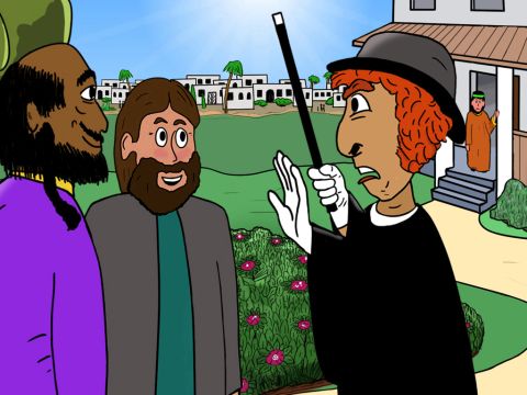 „Halt! Wohin geht ihr?”, schrie Elymas laut, als Paulus und Barnabas ankamen. – Folie 16