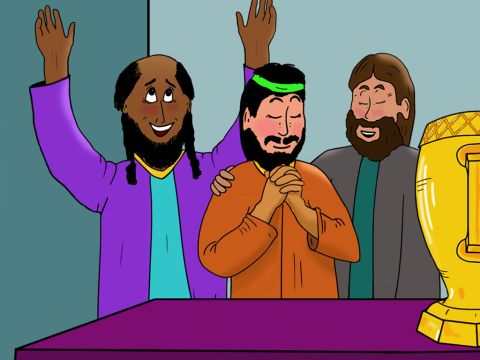 Er glaubte sofort an Jesus als seinen Herrn und Erlöser und wollte mehr über seine Lehre erfahren. – Folie 24