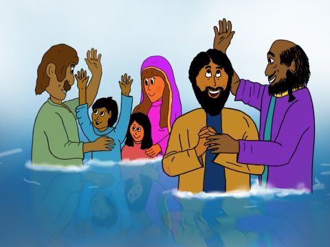 Sie hörte zu, wie Paulus über Jesus sprach, und beschloss, Christin zu werden. Paulus und Silas tauften sie und ihre Familie im Fluss außerhalb von Philippi. – Folie 3