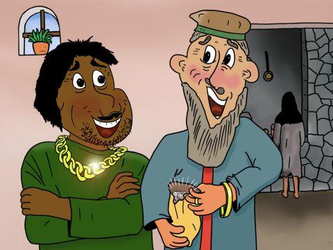 Für ihre Wahrsagerei bekamen die Männer schnell viel Geld. „Das ist großartig“, lachten die Männer. „Sie putzt, kocht und macht uns jetzt sehr reich!“ Aber das Mädchen war sehr unglücklich und verstört, da sie von einem bösen Geist kontrolliert wurde, der ihr diese Macht gab. – Folie 8