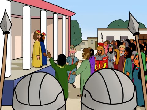 Doch die Männer packten Paulus und Silas und schleppten sie zum Stadtrichter. Sie riefen, dass Paulus und Silas gefährliche Männer seien, die hart bestraft werden müssten. Paulus und Silas versuchten zu erklären, was passiert war, aber sie wollten nicht zuhören. – Folie 15